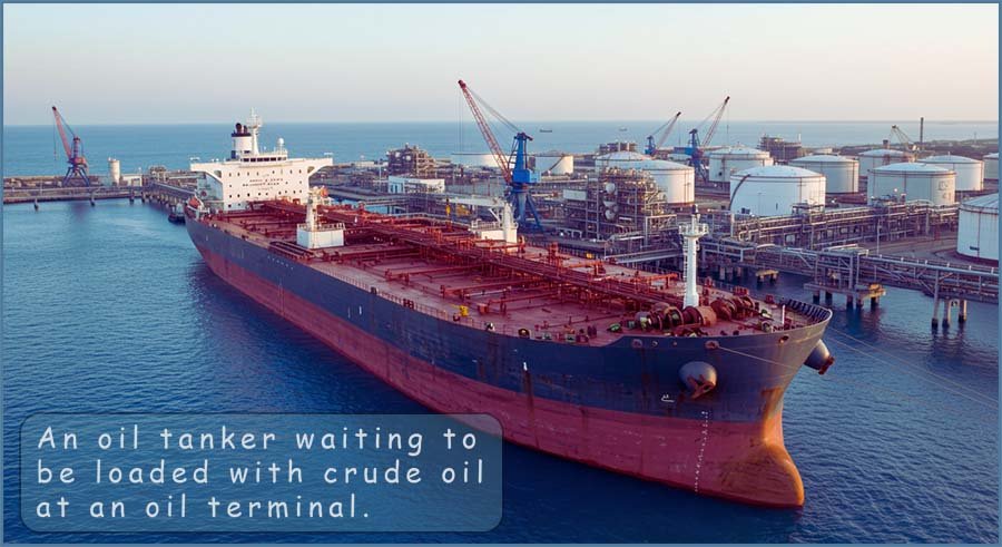 An oil tanker waiting to be loaded with oil at a terminal.